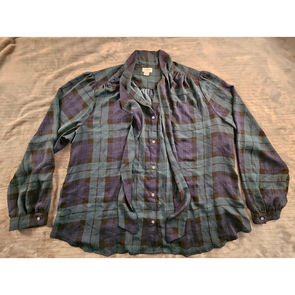 J. Crew Womens 2X Blue Green Plaid Tie Neck Button Down Blouse Long Sleeve Top